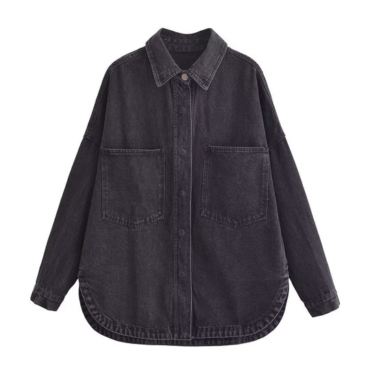 Damen Oversize Jeanshemd‑Jacke mit aufgesetzten Taschen und abgerundetem Saum Nord Taschen