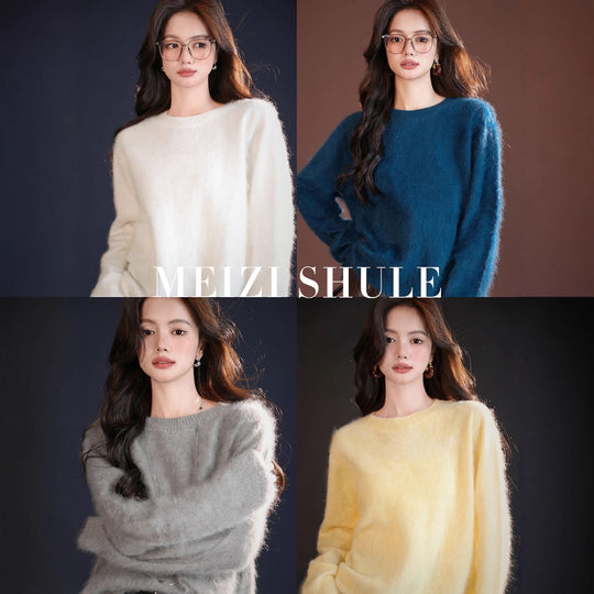 Damen Flauschiger Mohair-Optik Strickpullover mit Rundhalsausschnitt Nord Taschen