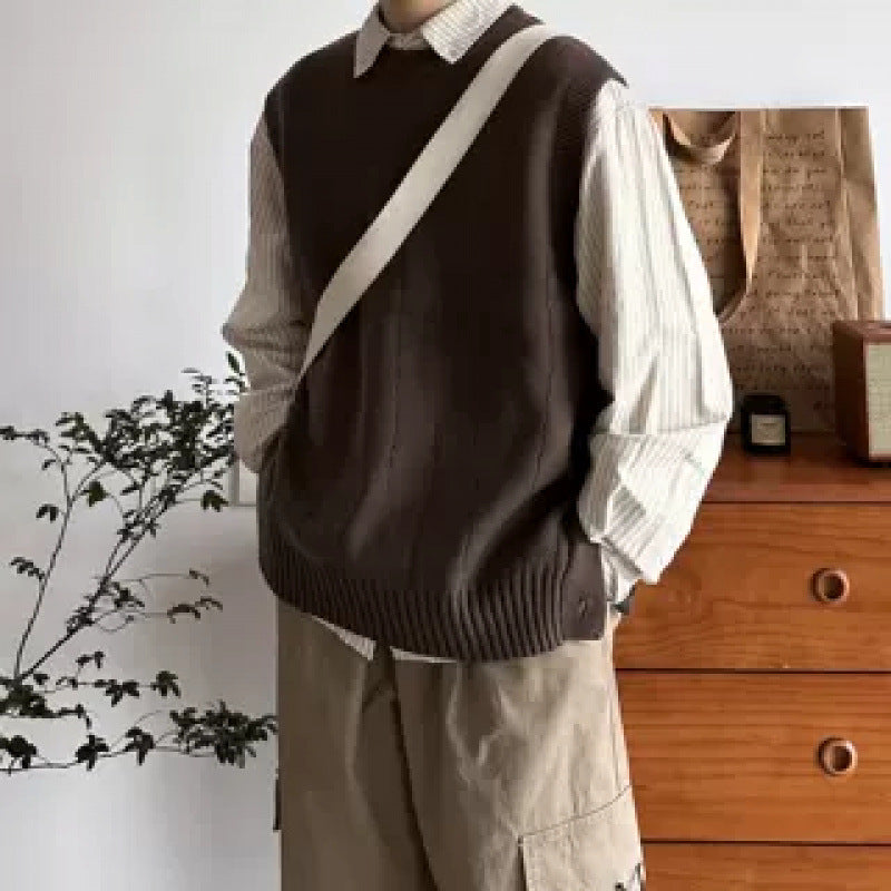 Herren Oversized Ärmellose Strickweste mit geripptem Saum und Rundhalsausschnitt Nord Taschen