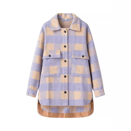 Damen Oversized Hemdjacke im Karo mit großen Pattentaschen und gerundetem Saum Nord Taschen