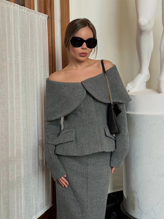 Damen Elegantes Bouclé-Set mit schulterfreiem Jackett und tailliertem Bleistiftrock Nord Taschen