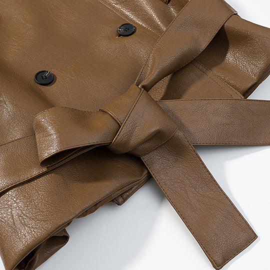 Damen Kurze Doppelreiher Kunstleder-Trenchjacke mit Taillengürtel Nord Taschen