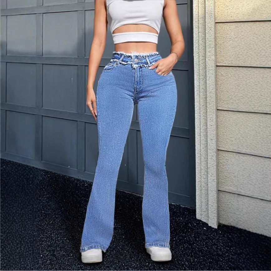 Damen Hochgeschnittene Flared-Jeans mit ausgefranstem Bund und mittiger Absteppnaht Nord Taschen