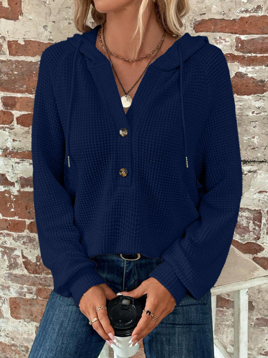 Damen Waffelstrick-Hoodie mit halber Knopfleiste und Kapuze Nord Taschen