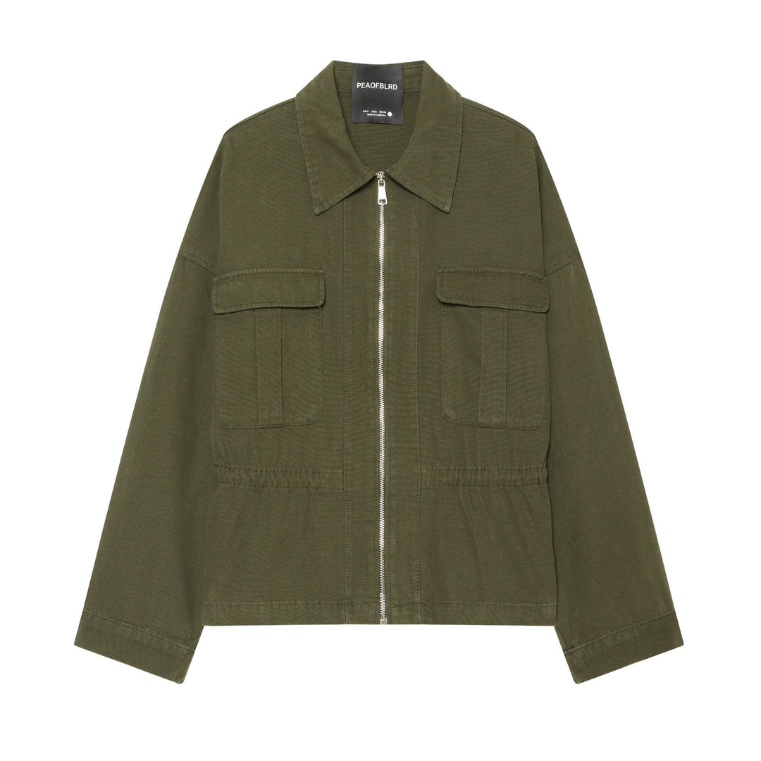 Damen Taillierte Cropped Utility‑Jacke mit durchgehendem Reißverschluss und Pattentaschen Nord Taschen