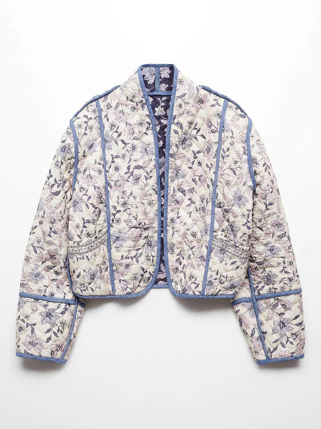 Damen Kurz geschnittene gesteppte Blousonjacke mit floraler Stickerei und Kontrastpaspel Nord Taschen