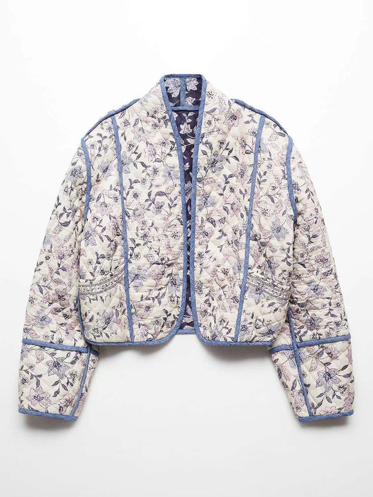 Damen Kurz geschnittene gesteppte Blousonjacke mit floraler Stickerei und Kontrastpaspel Nord Taschen