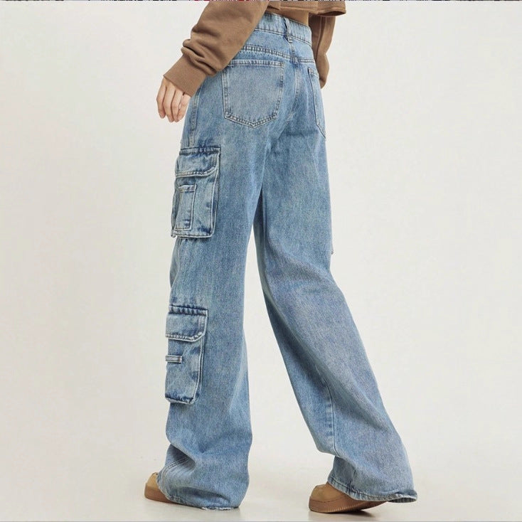 Damen Hochgeschnittene Baggy-Cargo-Jeans mit Mehrfach‑Utility‑Taschen Nord Taschen
