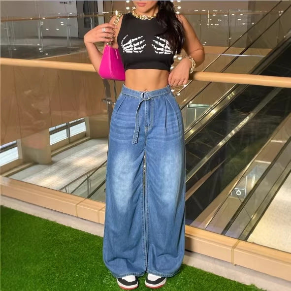 Damen weite High‑Waist Palazzo-Jeans aus Stretch-Denim mit Bundfalten & Bindegürtel Nord Taschen