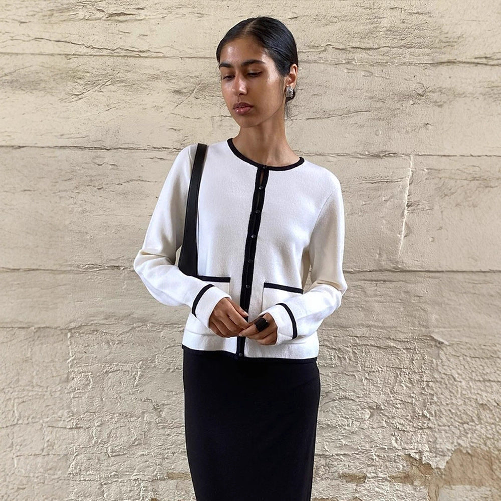 Damen Feiner Kontrast-Knopfleisten‑Cardigan mit Paspelung und aufgesetzten Taschen Nord Taschen