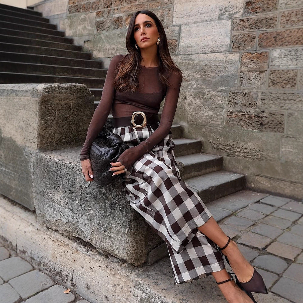 Damen Karo-Hochtaillierte Palazzo-Hose mit weitem Bein & Bundfalten Nord Taschen