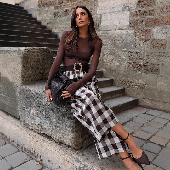 Damen Karo-Hochtaillierte Palazzo-Hose mit weitem Bein & Bundfalten Nord Taschen