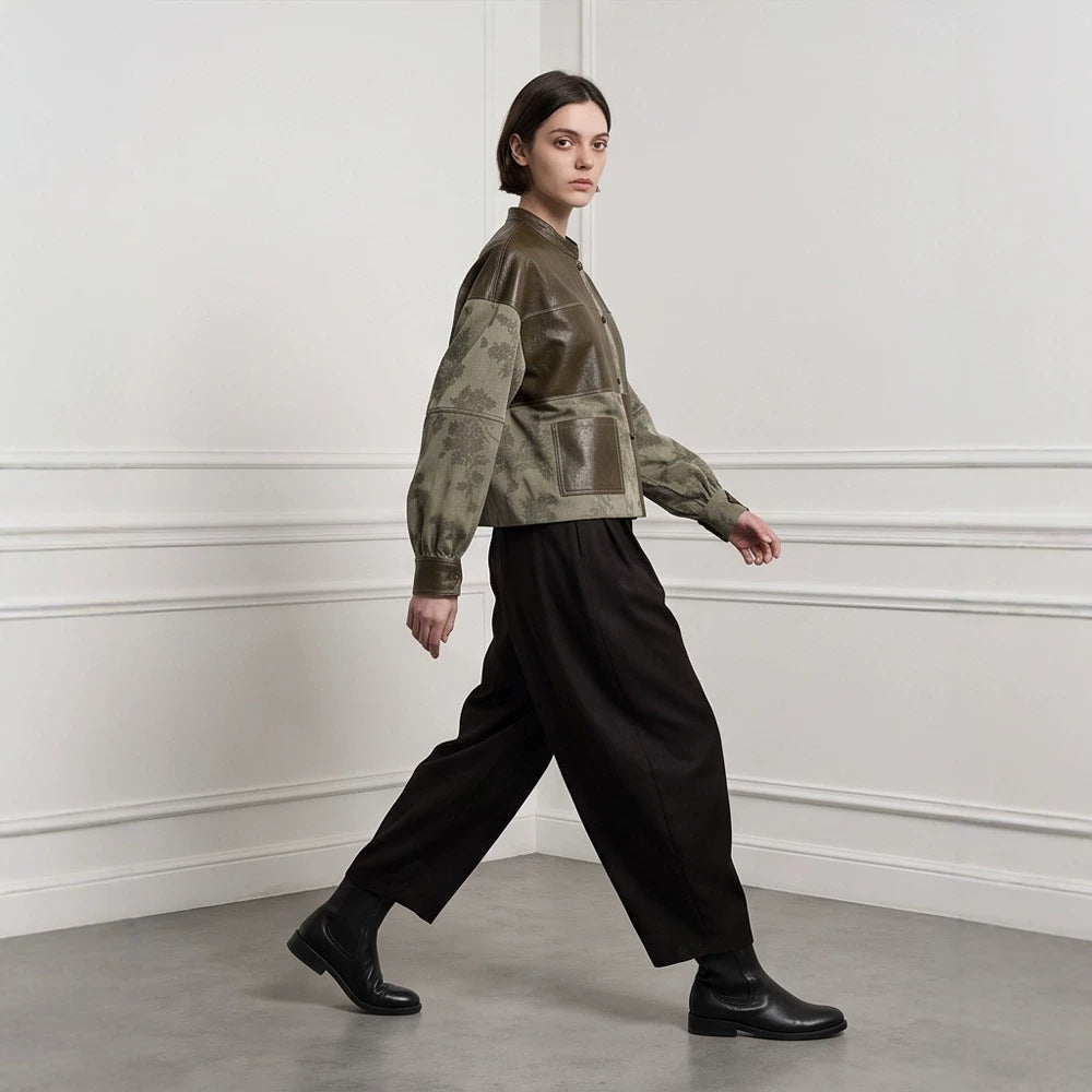 Damen Kurzjacke aus Lederoptik und Jacquard mit Stehkragen Nord Taschen
