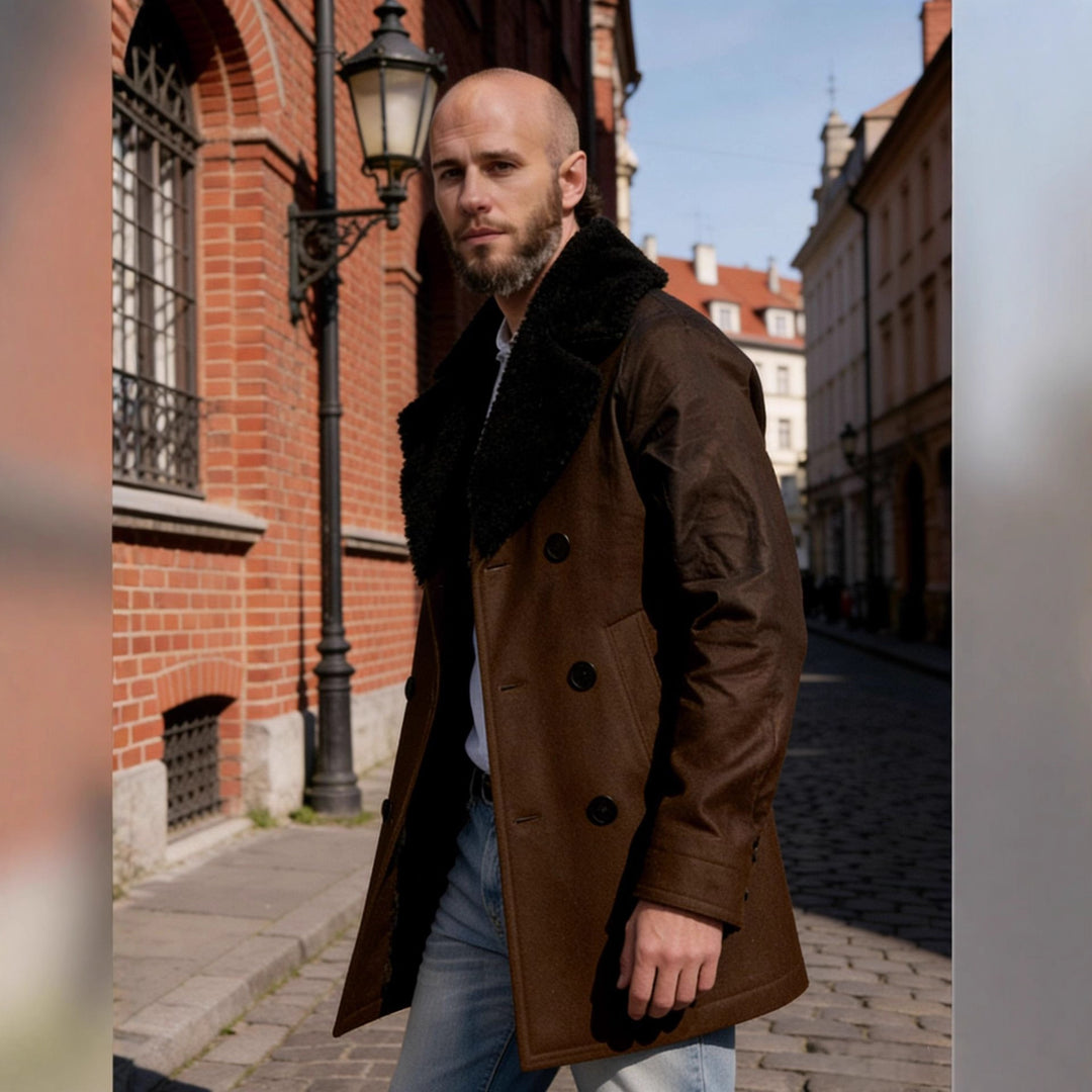 Herren Doppelreihiger Kurzmantel aus Wollmix mit großem Teddykragen Nord Taschen