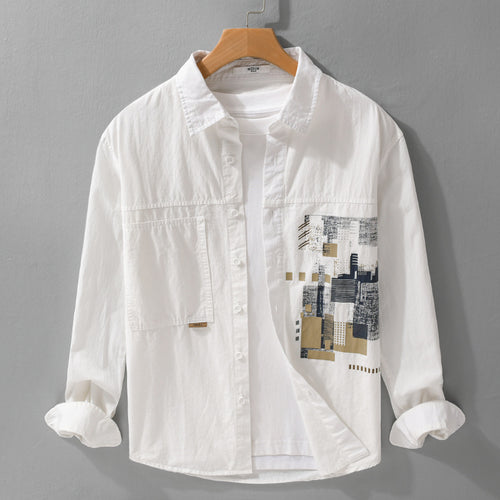 Herren Leichtes Baumwoll-Canvas-Overshirt mit abstraktem Frontprint und Doppelbrusttasche Nord Taschen