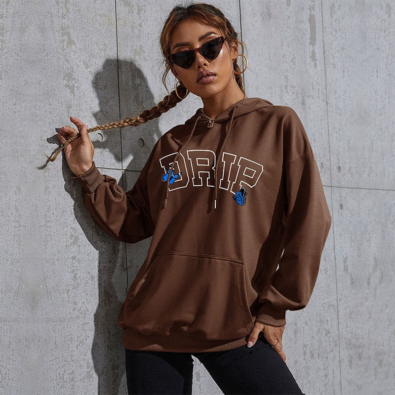 Damen Oversize-Kapuzenpullover mit Kängurutasche und Schmetterling-Stickerei Nord Taschen