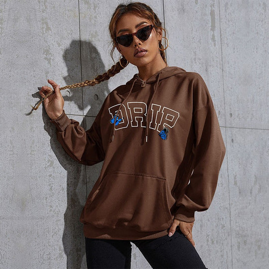 Damen Oversize-Kapuzenpullover mit Kängurutasche und Schmetterling-Stickerei Nord Taschen