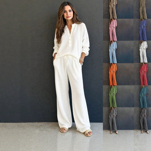 Damen Waffelstrick-Loungewear-Set mit Henley-Oberteil, Kordelbund und weiter Palazzo-Hose Nord Taschen