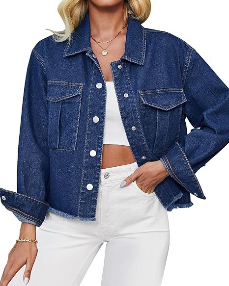 Damen Kurz geschnittene Oversize-Jeansjacke mit rohem Saum und aufgesetzten Brusttaschen Nord Taschen