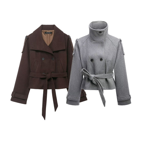 Damen Cropped Wollmix‑Kurzmantel mit hohem Stehkragen, Epauletten und Taillengürtel Nord Taschen