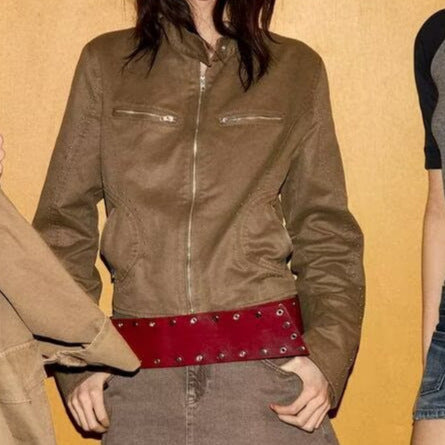 Damen Kurzblouson im Velourslook mit Stehkragen, Reißverschluss und Ziernieten Nord Taschen