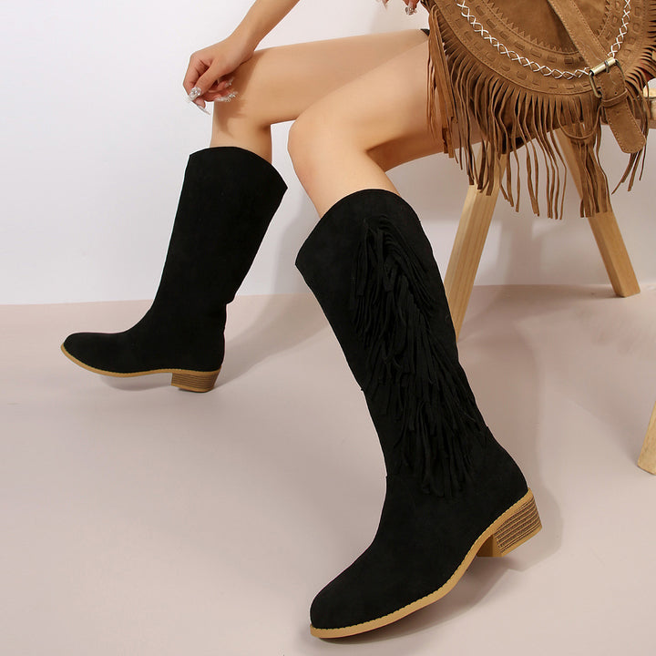 Damen nan knielange Wildlederimitat-Stiefel mit langen Fransen, mittlerem Blockabsatz und gepolstertem Komfortfußbett Nord Taschen