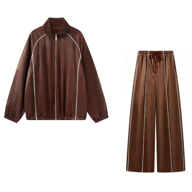 Damen Zweiteiliges Satin-Trainingsset mit Reißverschlussjacke und weitem Trackpant Nord Taschen