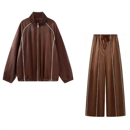 Damen Zweiteiliges Satin-Trainingsset mit Reißverschlussjacke und weitem Trackpant Nord Taschen