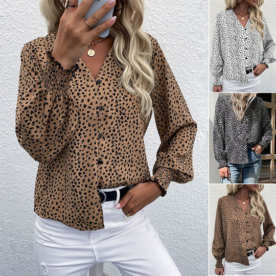Damen Leichtfall-Bluse mit V-Ausschnitt, durchgehender Knopfleiste und gerüschten Manschetten Nord Taschen