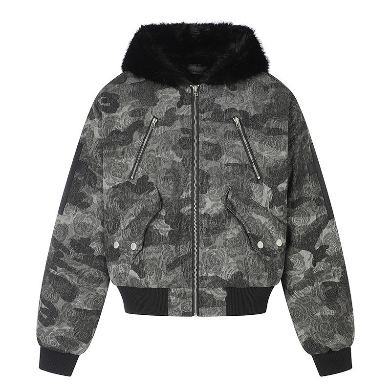 Damen wattierte Bomberjacke mit Kunstfellkapuze, Rosen‑Jacquard und Zipper‑Details Nord Taschen
