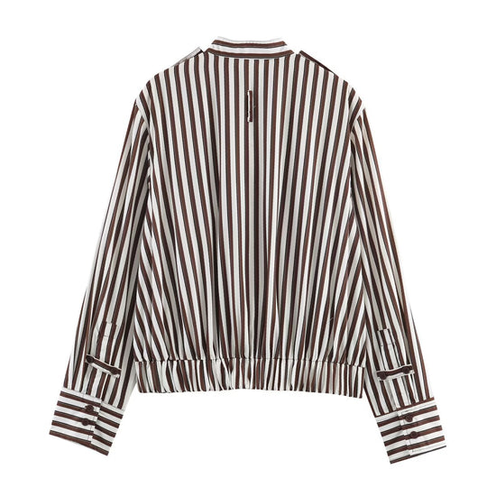 Damen Gestreifte Cropped‑Hemdblusen‑Jacke mit Stehkragen, asymmetrischer Klappentasche und elastischem Saum Nord Taschen