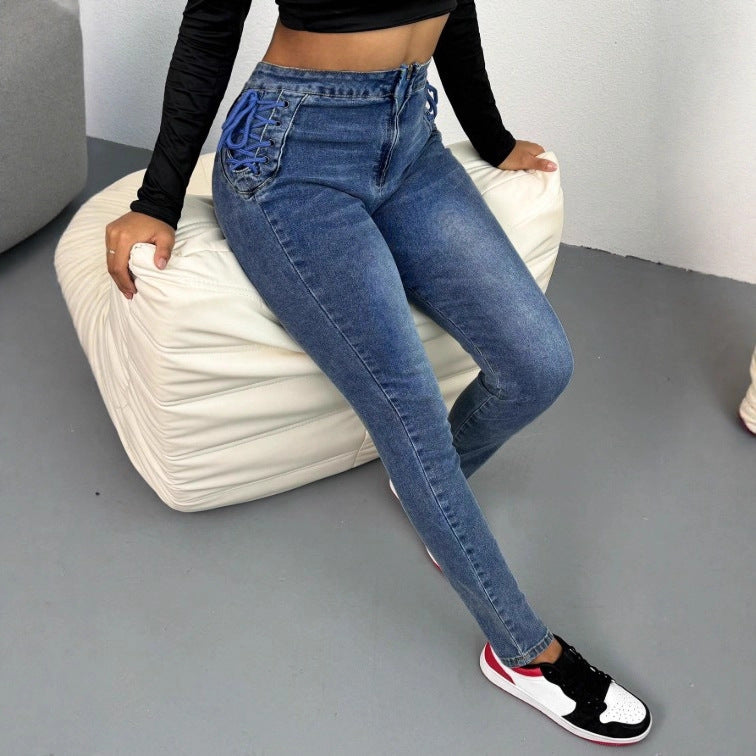 Damen High-Waist Slim-Jeans mit seitlicher Korsett-Schnürung und sculptendem Stretchbund Nord Taschen