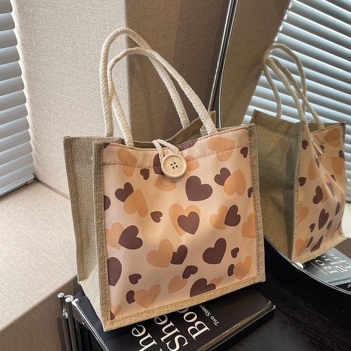 Damen Jute Tragetasche mit liebevollem Herzdesign und praktischem Knopfverschluss Nord Taschen