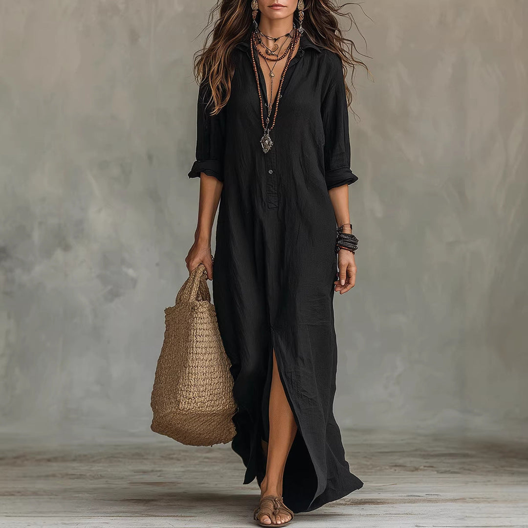 Damen Langes Hemdkleid mit Knopfverschluss und seitlichem Schlitz