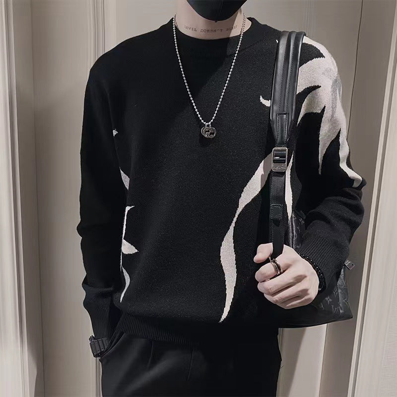 Herren Strickpullover mit abstraktem Flammen‑Jacquard und Rundhalsausschnitt Nord Taschen