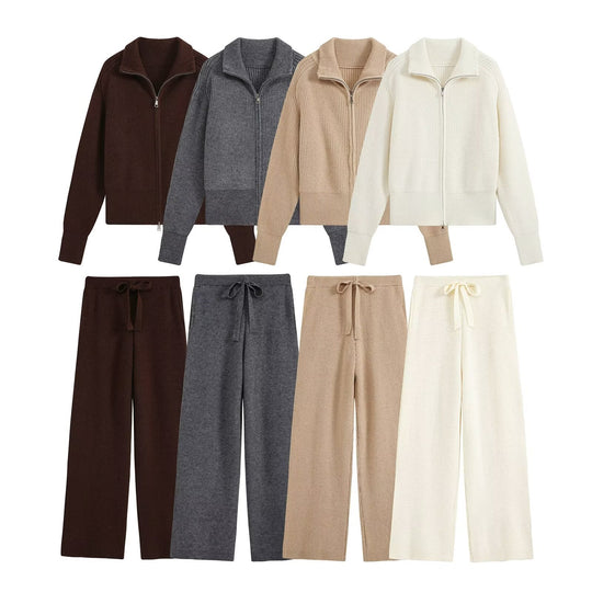 Damen Zweiteiliges Strickset mit Reißverschluss-Cardigan, Stehkragen und weitem Bein Nord Taschen