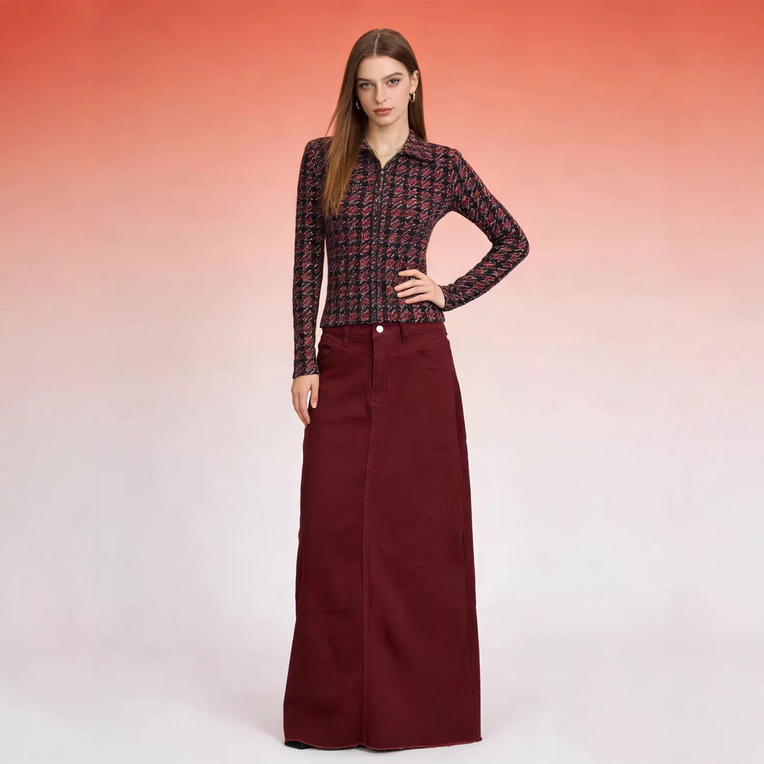 Damen langer High-Waist Denim-Maxirock mit gerader Silhouette und rohem Saum Nord Taschen