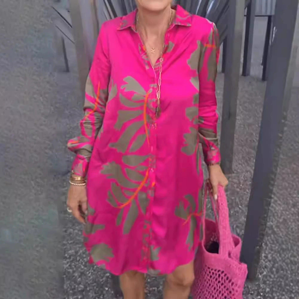 Damen nan kurzes Tunika-Hemdkleid in Satinoptik mit großflächigem Blattprint, Hemdkragen und lockerer A-Linie Nord Taschen