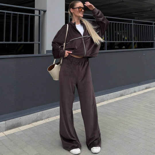Damen moderne Velours-Zweiteiler mit kurzem Stehkragen-Zip und fließender hochgeschnittener Palazzohose Nord Taschen