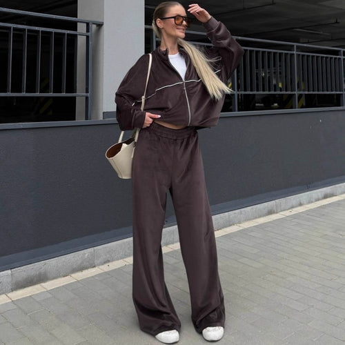 Damen moderne Velours-Zweiteiler mit kurzem Stehkragen-Zip und fließender hochgeschnittener Palazzohose Nord Taschen