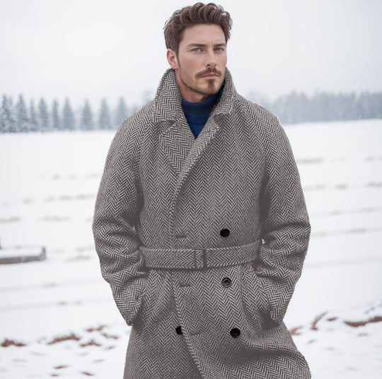 Herren Doppelreihiger Wollmix-Mantel mit Fischgrätstruktur und Taillengürtel Nord Taschen