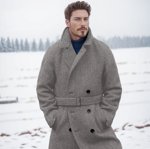 Herren Doppelreihiger Wollmix-Mantel mit Fischgrätstruktur und Taillengürtel Nord Taschen