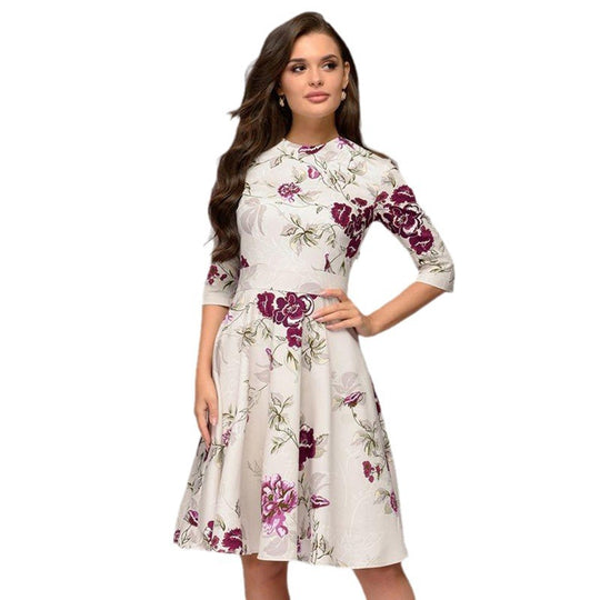 Damen A-Linien Midikleid mit 3/4-Ärmeln, taillierter Silhouette und floralem Print Nord Taschen