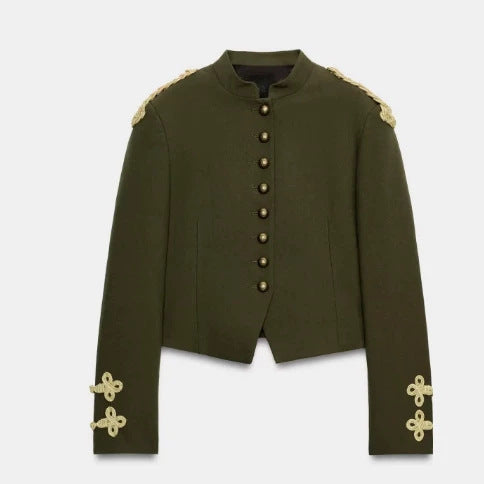 Damen Taillierter Cropped Militärblazer mit Stehkragen und goldverzierten Epauletten Nord Taschen