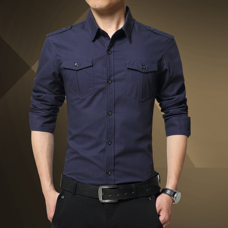 Herren Slim-Fit Baumwoll-Mix Utility-Hemd mit Schulterklappen und Brustpattentaschen Nord Taschen