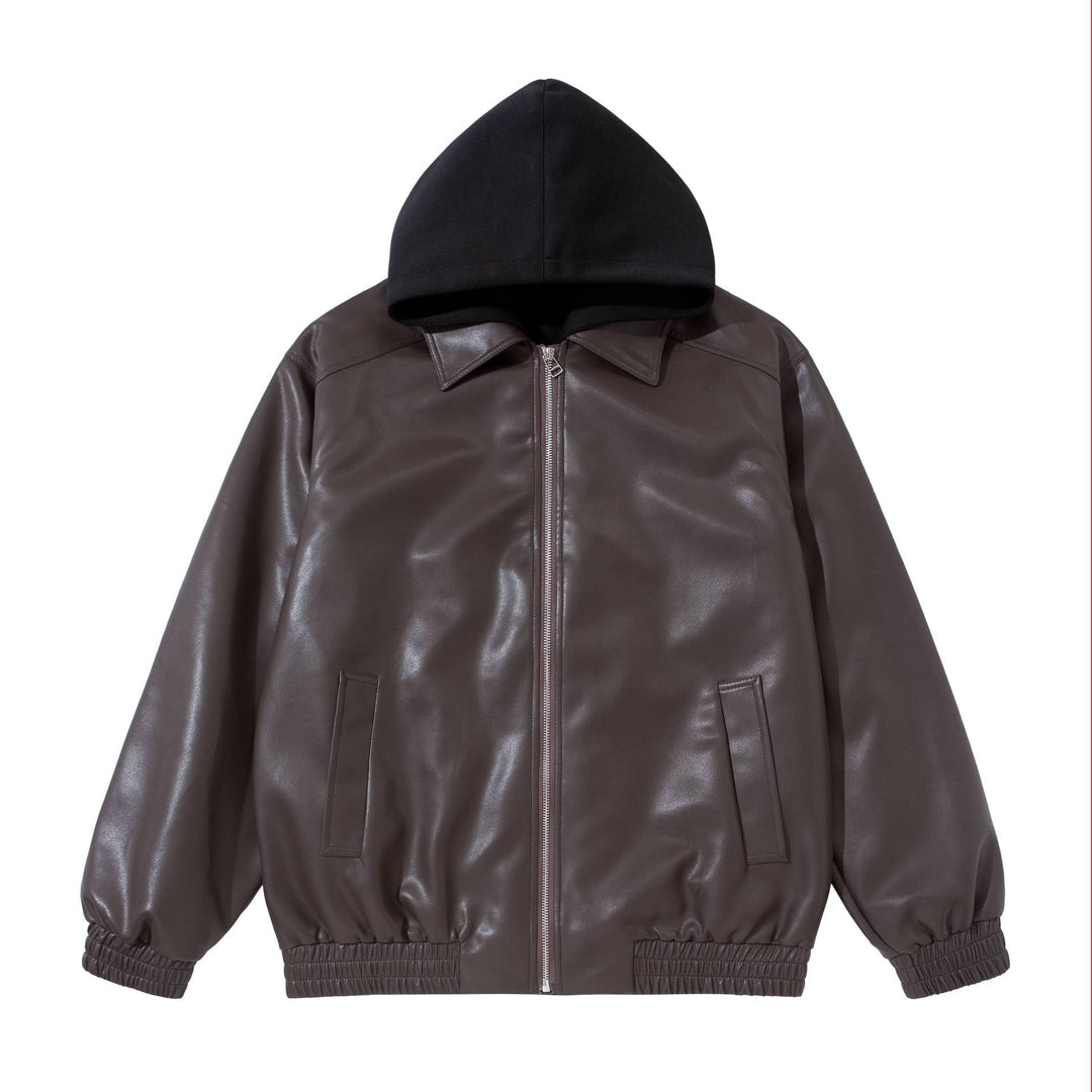 Herren Boxy-Lederblouson mit angenähter Jersey-Kapuze und geripptem Saum Nord Taschen