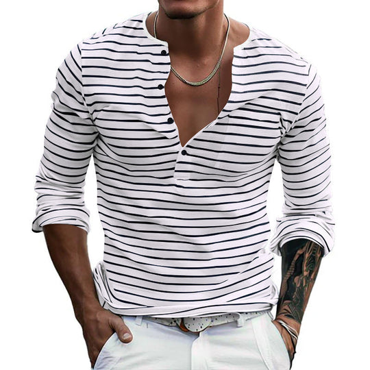 Herren Langarm-Henley-Shirt mit modischen Streifen und praktischen Knöpfen