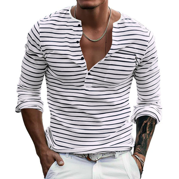 Herren Langarm-Henley-Shirt mit modischen Streifen und praktischen Knöpfen