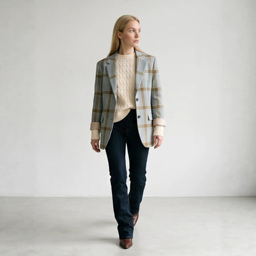 Damen Oversize-Karoblazer im Glencheck mit kastiger Silhouette und fallendem Revers Nord Taschen