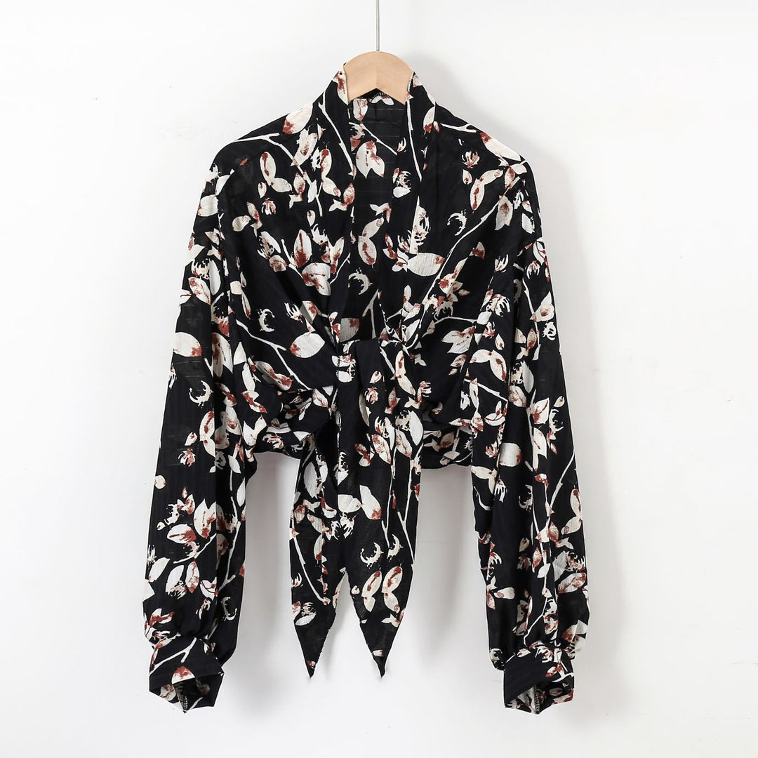 Damen nan florale Knoten-Bluse im Wickelstil mit Ballonärmeln und leichter Leinenoptik